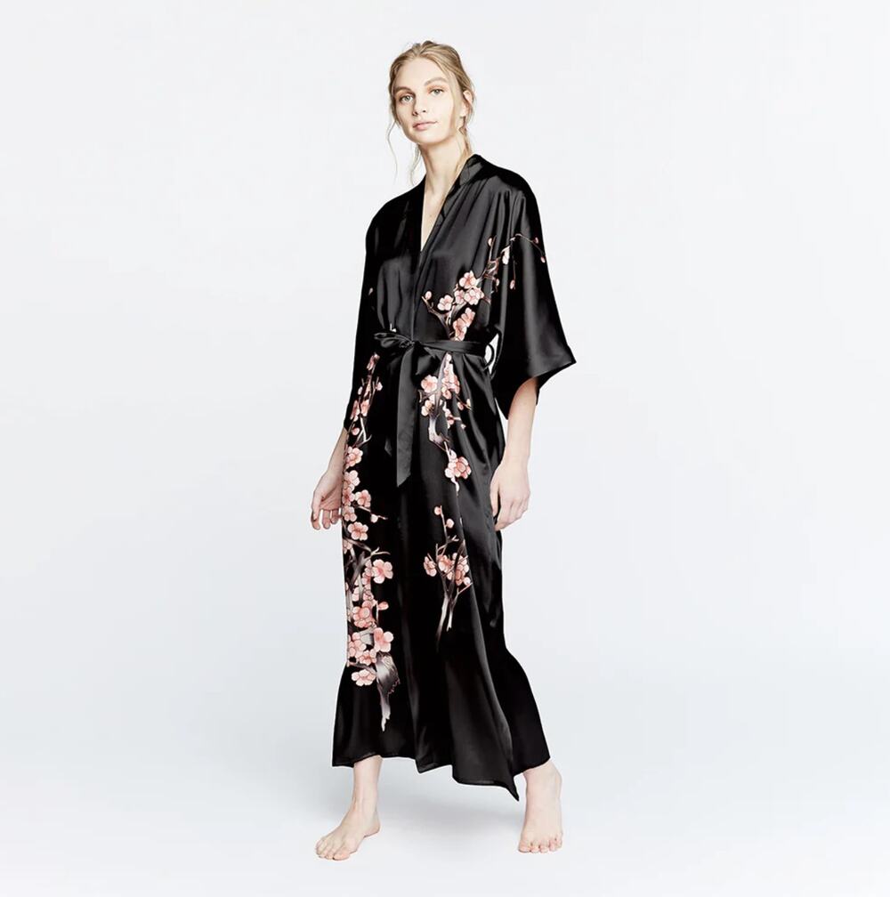 KIM + ONO NWT $525 100% Silk Handpainted Cherry Blossom Long Kimono Robe
